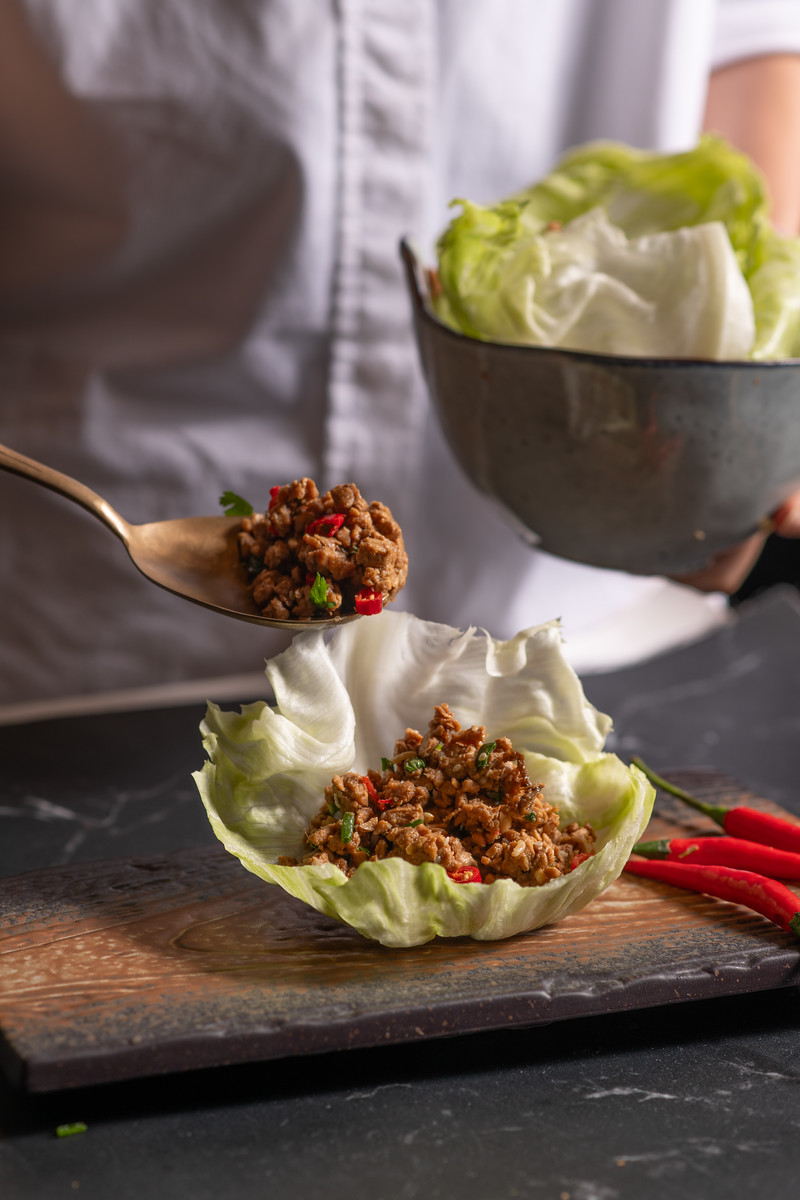FERM tempeh lettuce wrap with minced tempeh, red chillies and fresh herbs